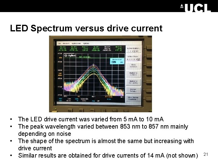 LED Spectrum versus drive current • The LED drive current was varied from 5