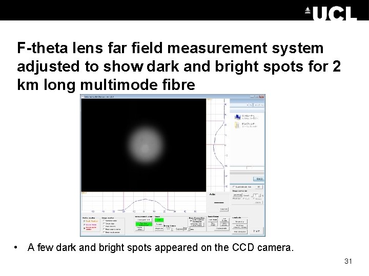 F-theta lens far field measurement system adjusted to show dark and bright spots for