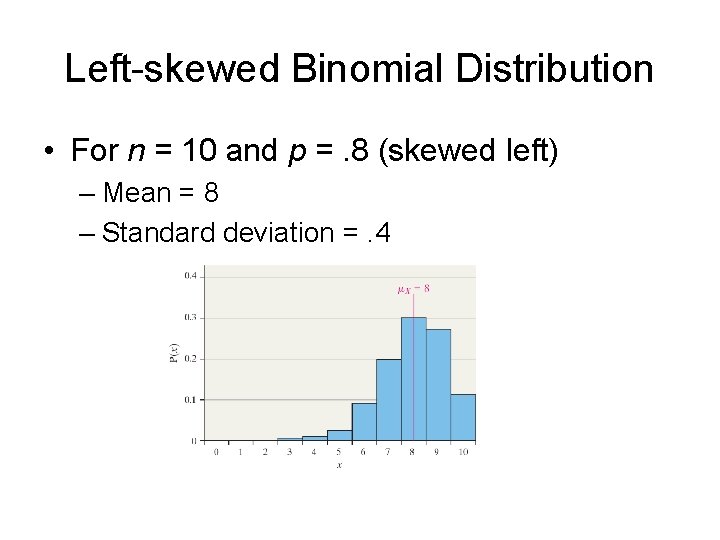 Left-skewed Binomial Distribution • For n = 10 and p =. 8 (skewed left)