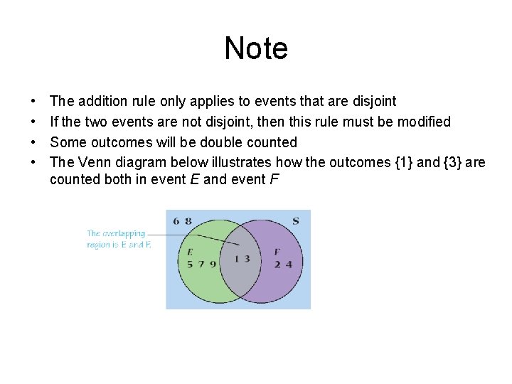 Note • • The addition rule only applies to events that are disjoint If