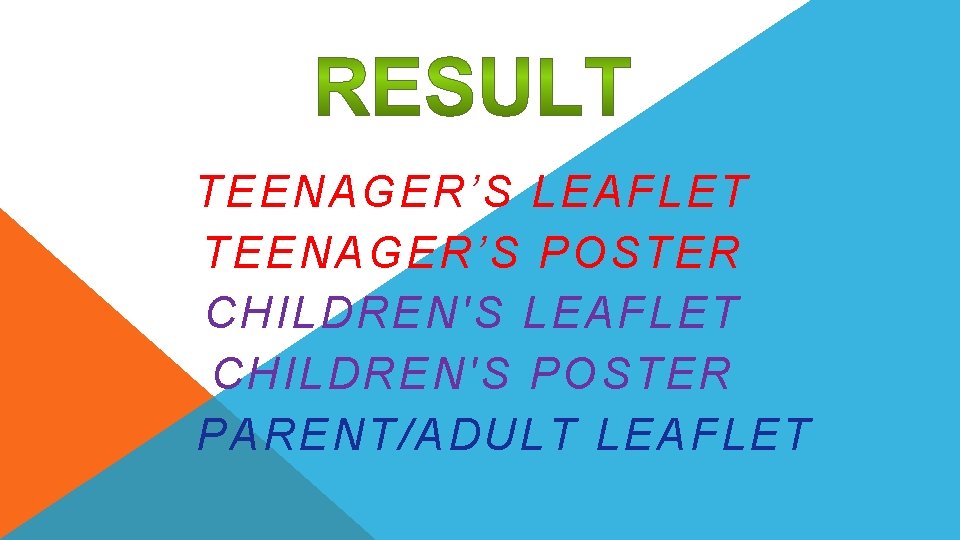 TEENAGER’S LEAFLET TEENAGER’S POSTER CHILDREN'S LEAFLET CHILDREN'S POSTER PARENT/ADULT LEAFLET 