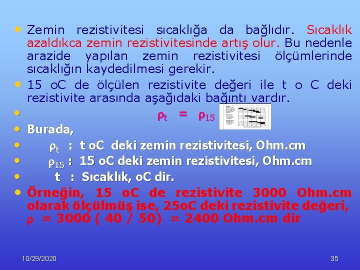  • Zemin rezistivitesi sıcaklığa da bağlıdır. Sıcaklık • • azaldıkca zemin rezistivitesinde artış