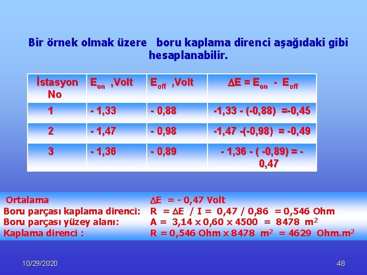 Bir örnek olmak üzere boru kaplama direnci aşağıdaki gibi hesaplanabilir. İstasyon No Eon ,