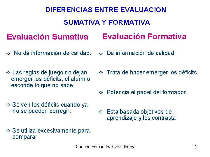 DIFERENCIAS ENTRE EVALUACION SUMATIVA Y FORMATIVA Evaluación Sumativa Evaluación Formativa v No dá información