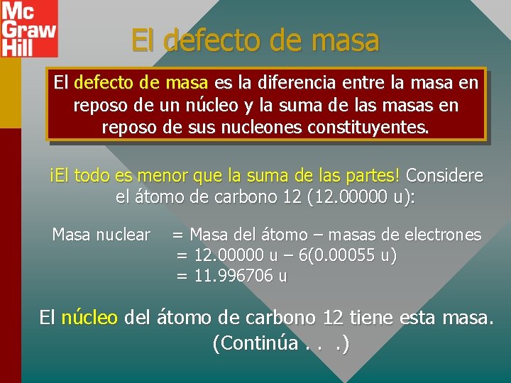 El defecto de masa es la diferencia entre la masa en reposo de un