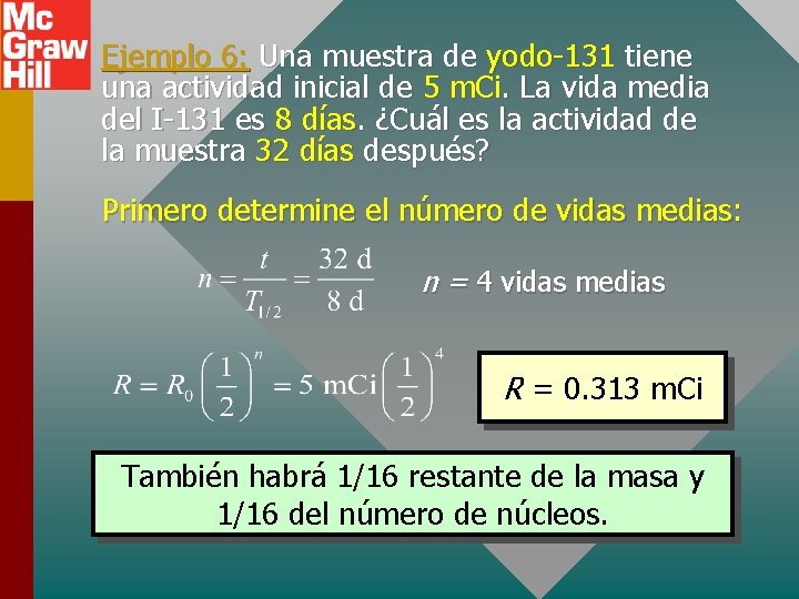 Ejemplo 6: Una muestra de yodo-131 tiene una actividad inicial de 5 m. Ci.