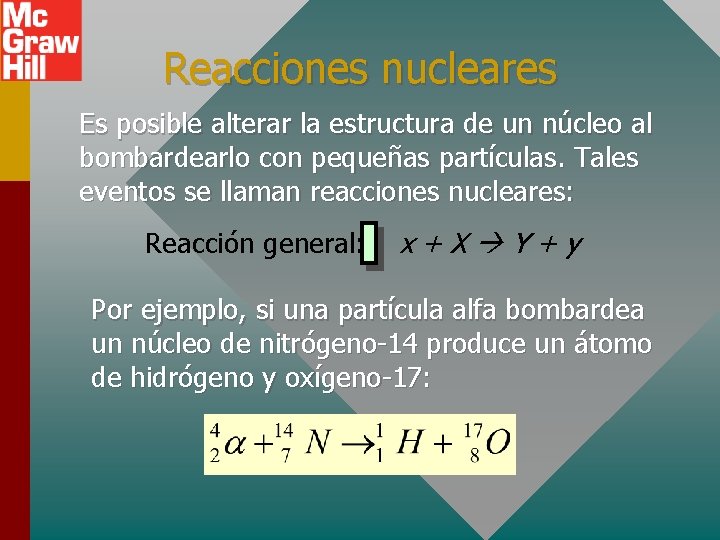Reacciones nucleares Es posible alterar la estructura de un núcleo al bombardearlo con pequeñas