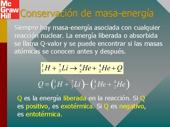 Conservación de masa-energía Siempre hay masa-energía asociada con cualquier reacción nuclear. La energía liberada