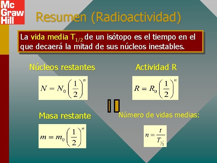 Resumen (Radioactividad) La vida media T 1/2 de un isótopo es el tiempo en