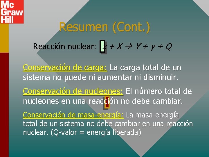 Resumen (Cont. ) Reacción nuclear: x + X Y + y + Q Conservación