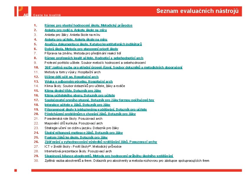 Seznam evaluačních nástrojů 1. 2. 3. 4. 5. 6. 7. 8. 9. 10. 11.