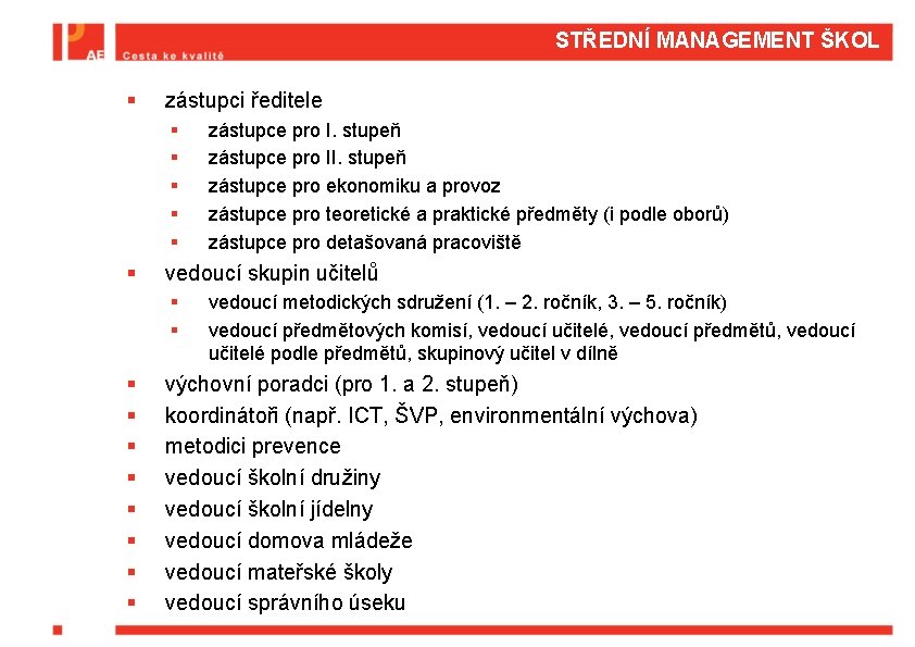 STŘEDNÍ MANAGEMENT ŠKOL § zástupci ředitele § § § vedoucí skupin učitelů § §