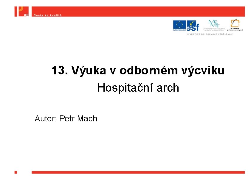 13. Výuka v odborném výcviku Hospitační arch Autor: Petr Mach 