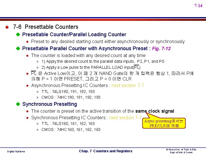 7 -14 n 7 -6 Presettable Counters u Presettable Counter/Parallel Loading Counter l Preset 7 -14 n 7 -6 Presettable Counters u Presettable Counter/Parallel Loading Counter l Preset