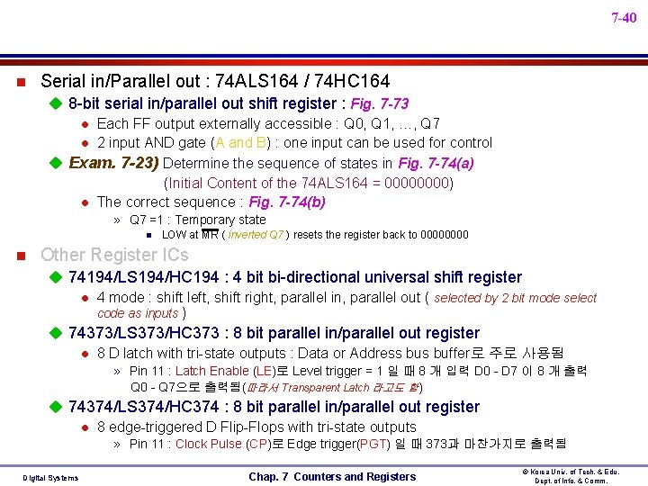 7 -40 n Serial in/Parallel out : 74 ALS 164 / 74 HC 164 7 -40 n Serial in/Parallel out : 74 ALS 164 / 74 HC 164