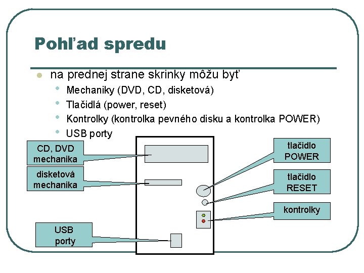 Pohľad spredu l na prednej strane skrinky môžu byť • • Mechaniky (DVD, CD,