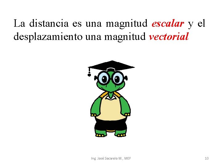 La distancia es una magnitud escalar y el desplazamiento una magnitud vectorial Ing. José