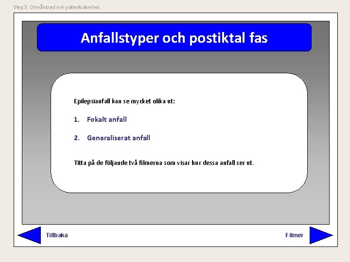 Steg 3: Omvårdnad och patientsäkerhet Anfallstyper och postiktal fas Epilepsianfall kan se mycket olika