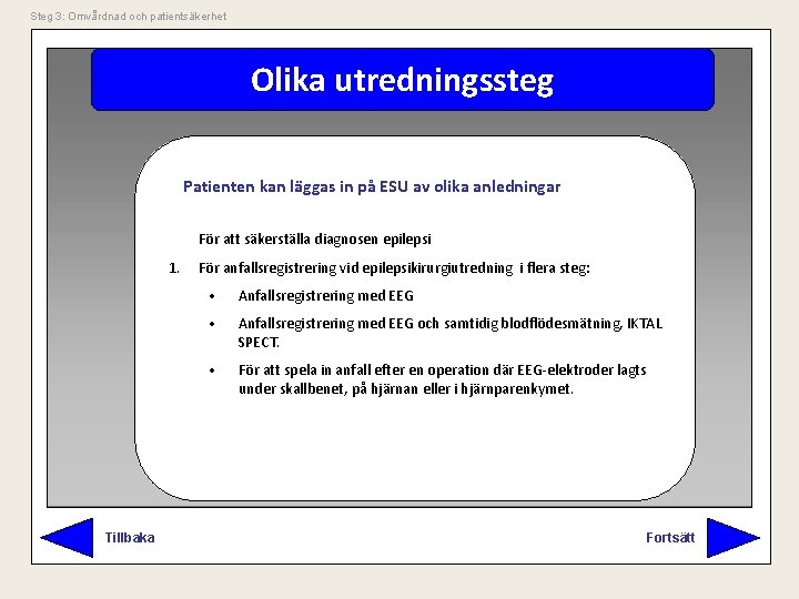 Steg 3: Omvårdnad och patientsäkerhet Olika utredningssteg Patienten kan läggas in på ESU av