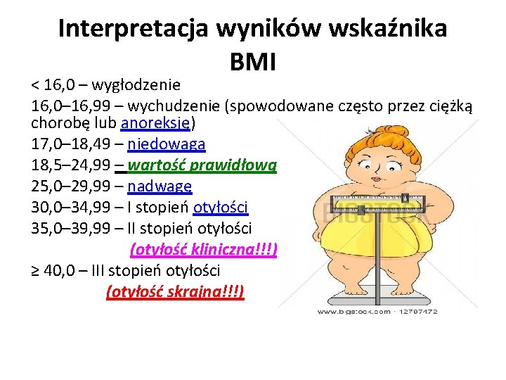 Interpretacja wyników wskaźnika BMI < 16, 0 – wygłodzenie 16, 0– 16, 99 –