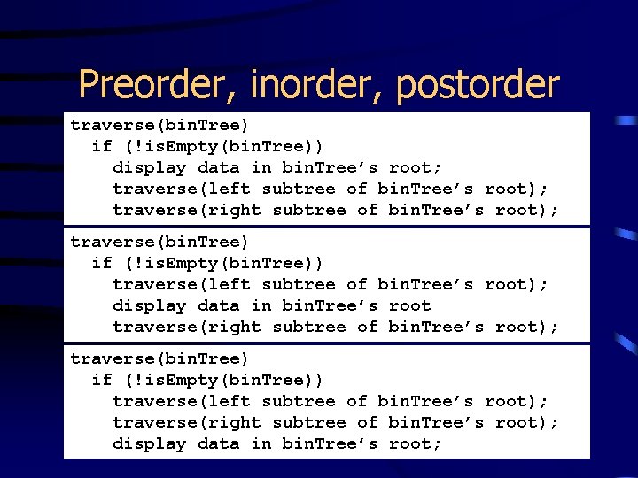 Preorder, inorder, postorder traverse(bin. Tree) if (!is. Empty(bin. Tree)) display data in bin. Tree’s