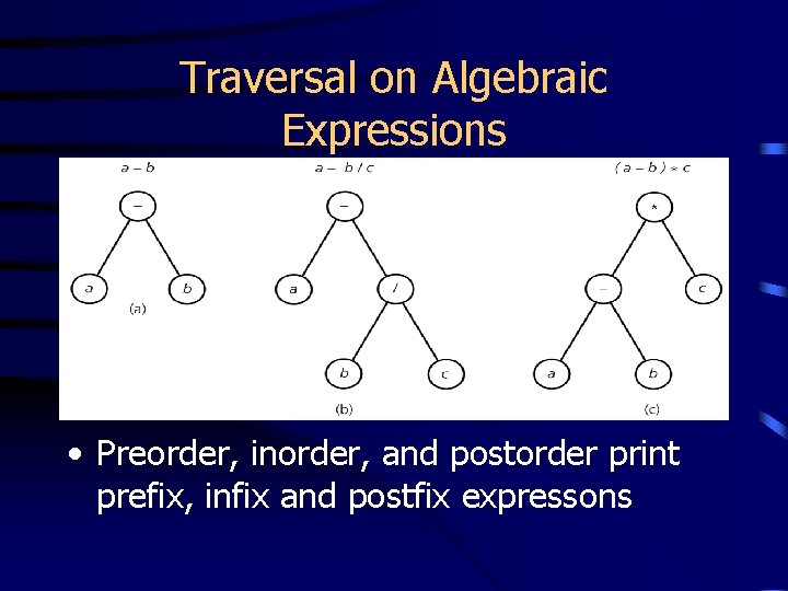 Traversal on Algebraic Expressions • Preorder, inorder, and postorder print prefix, infix and postfix