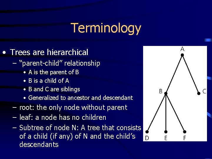 Terminology • Trees are hierarchical – “parent-child” relationship • • A is the parent