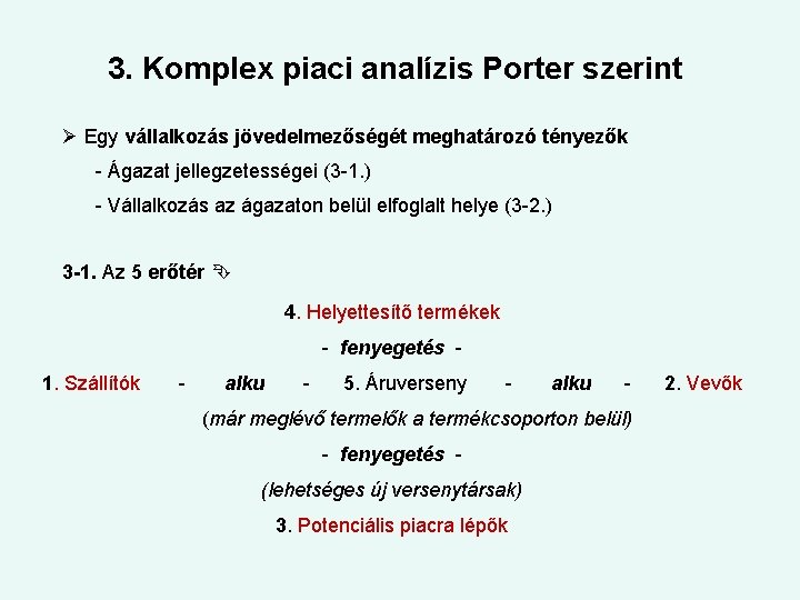 3. Komplex piaci analízis Porter szerint Egy vállalkozás jövedelmezőségét meghatározó tényezők - Ágazat jellegzetességei