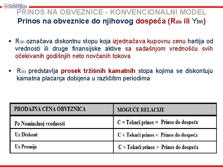 PRINOS NA OBVEZNICE - KONVENCIONALNI MODEL Prinos na obveznice do njihovog dospeća (Rdo ili