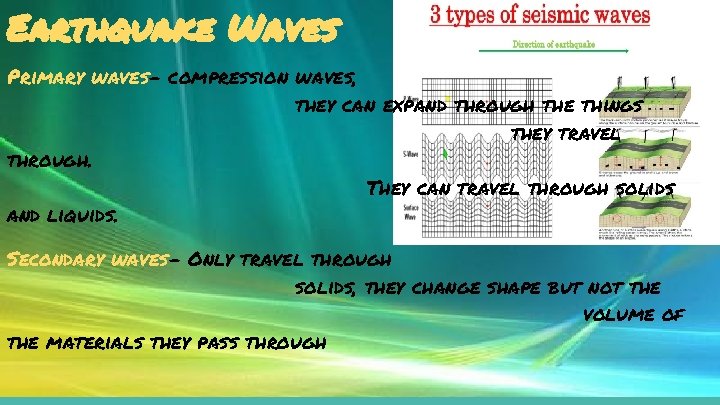 Earthquake Waves Primary waves- compression waves, they can expand through the things they travel