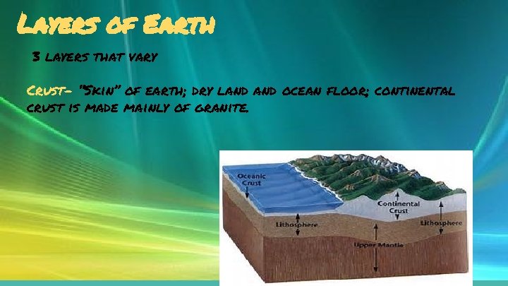 Layers of Earth 3 layers that vary Crust- “Skin” of earth; dry land ocean