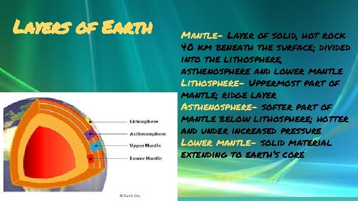 Layers of Earth Mantle- Layer of solid, hot rock 40 km beneath the surface;