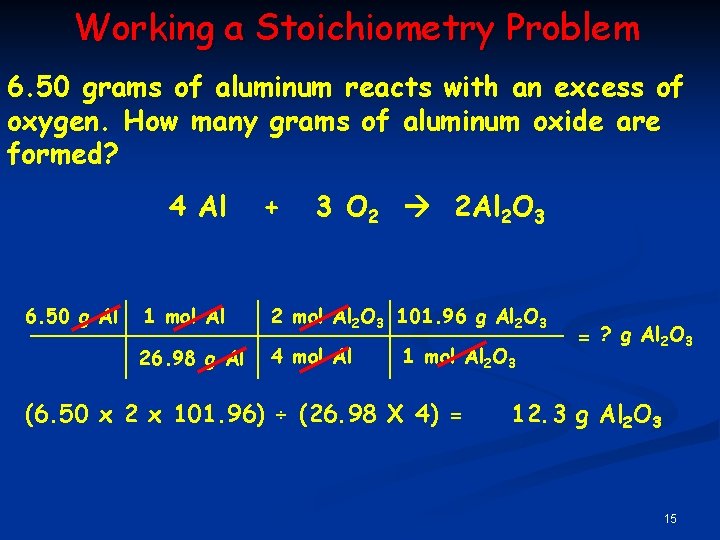 Working a Stoichiometry Problem 6. 50 grams of aluminum reacts with an excess of