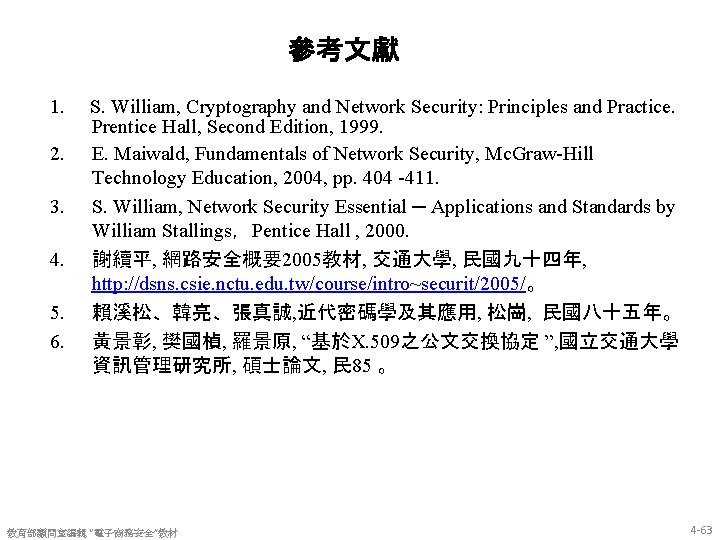 參考文獻 1. 2. 3. 4. 5. 6. S. William, Cryptography and Network Security: Principles
