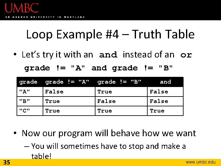 Loop Example #4 – Truth Table • Let’s try it with an and instead