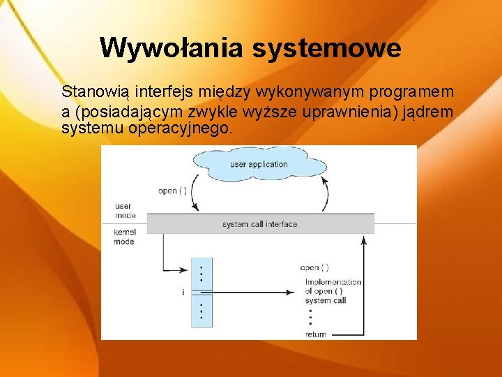 Wywołania systemowe Stanowią interfejs między wykonywanym programem a (posiadającym zwykle wyższe uprawnienia) jądrem systemu