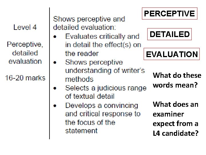 PERCEPTIVE DETAILED EVALUATION What do these words mean? What does an examiner expect from