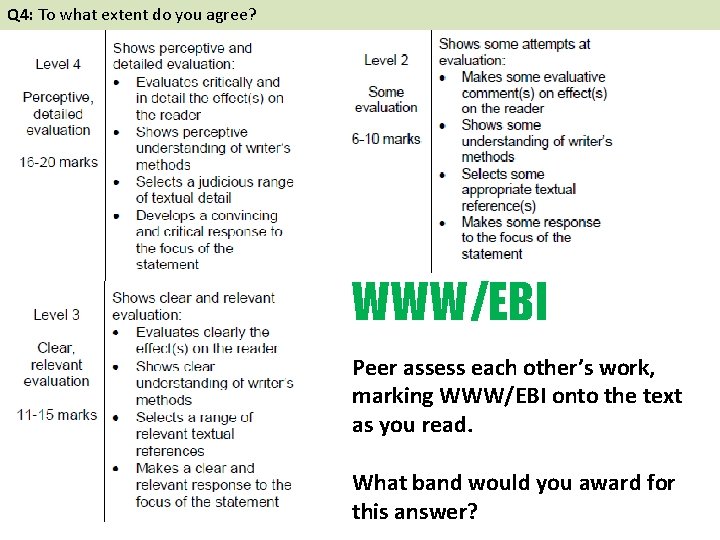 Q 4: To what extent do you agree? WWW/EBI Peer assess each other’s work,