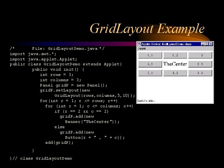 Grid. Layout Example /* File: Grid. Layout. Demo. java */ import java. awt. *;