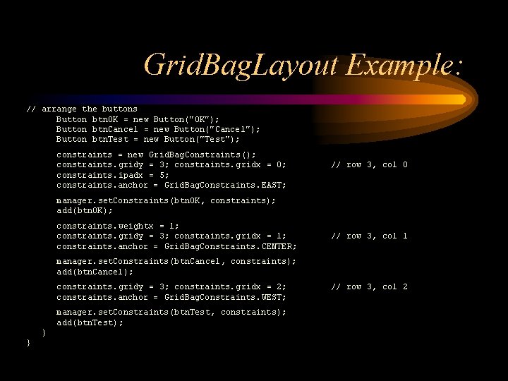 Grid. Bag. Layout Example: // arrange the buttons Button btn. OK = new Button("OK");