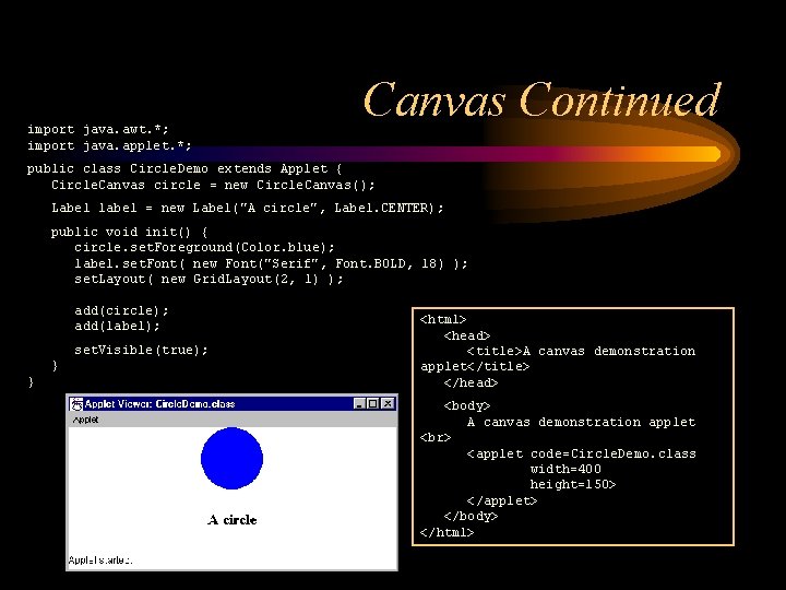 import java. awt. *; import java. applet. *; Canvas Continued public class Circle. Demo