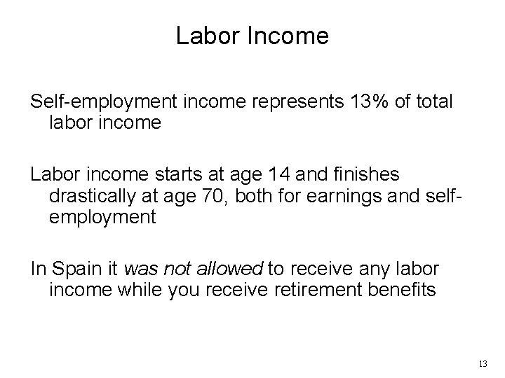 Labor Income Self-employment income represents 13% of total labor income Labor income starts at Labor Income Self-employment income represents 13% of total labor income Labor income starts at