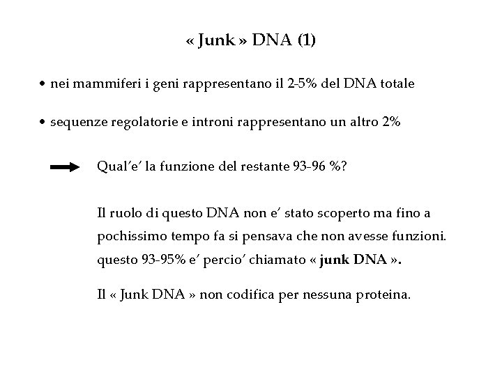  « Junk » DNA (1) • nei mammiferi i geni rappresentano il 2