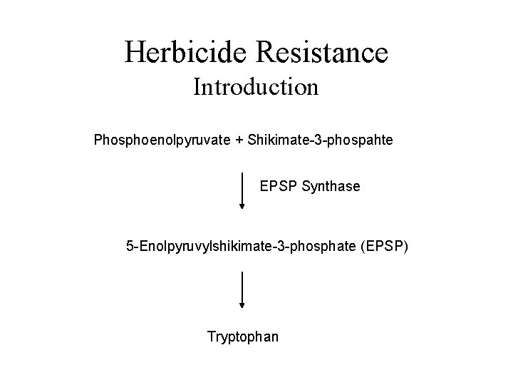 Herbicide Resistance Introduction Phosphoenolpyruvate + Shikimate-3 -phospahte EPSP Synthase 5 -Enolpyruvylshikimate-3 -phosphate (EPSP) Tryptophan