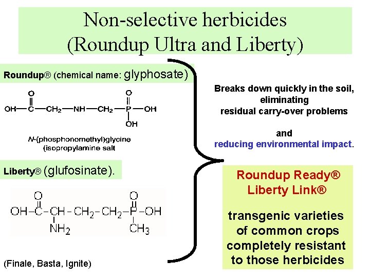 Non-selective herbicides (Roundup Ultra and Liberty) Roundup® (chemical name: glyphosate) Breaks down quickly in