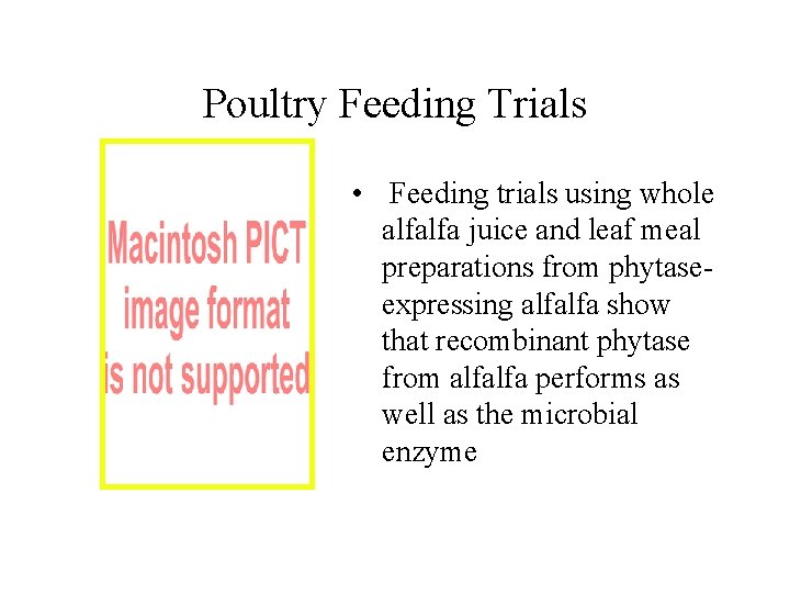 Poultry Feeding Trials • Feeding trials using whole alfalfa juice and leaf meal preparations