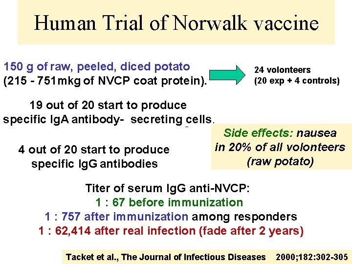 Human Trial of Norwalk vaccine 150 g of raw, peeled, diced potato (215 -