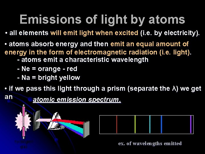 Emissions of light by atoms • all elements will emit light when excited (i.