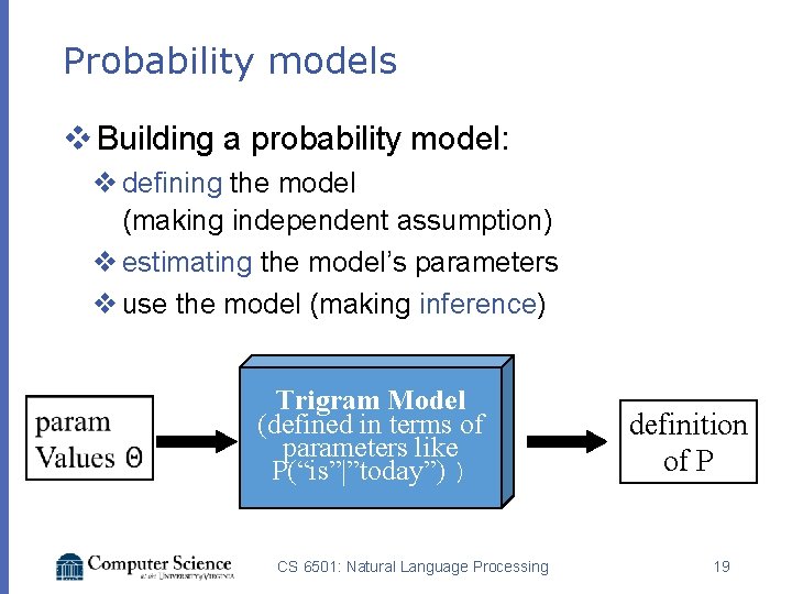 Probability models v Building a probability model: v defining the model (making independent assumption)