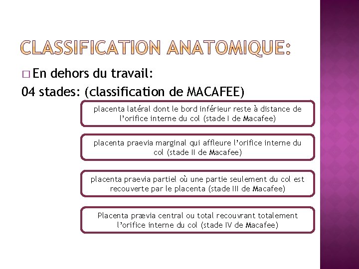 � En dehors du travail: 04 stades: (classification de MACAFEE) placenta latéral dont le